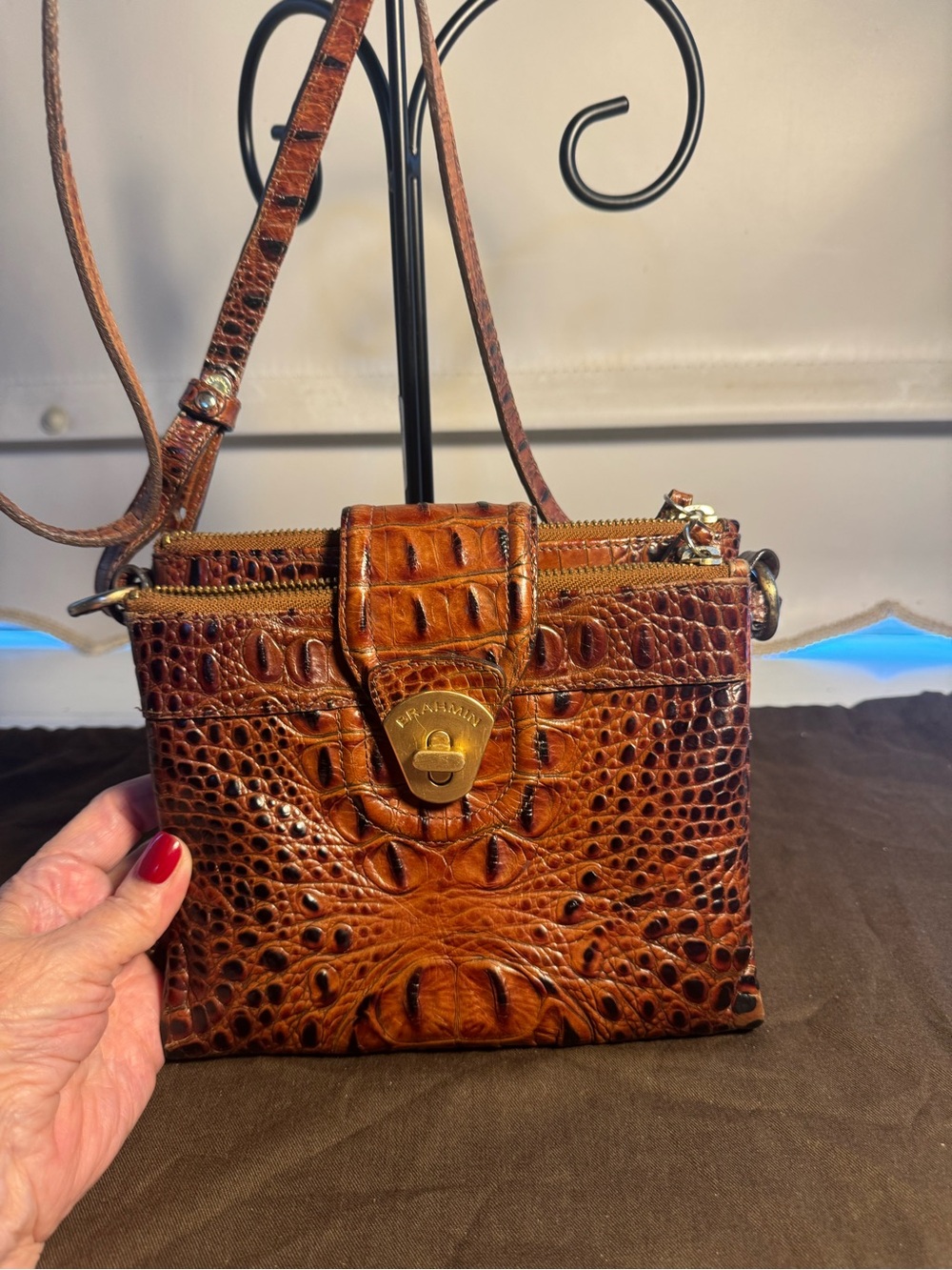 Brahmin Croc-Embossed Crossbody in Cognac Brown